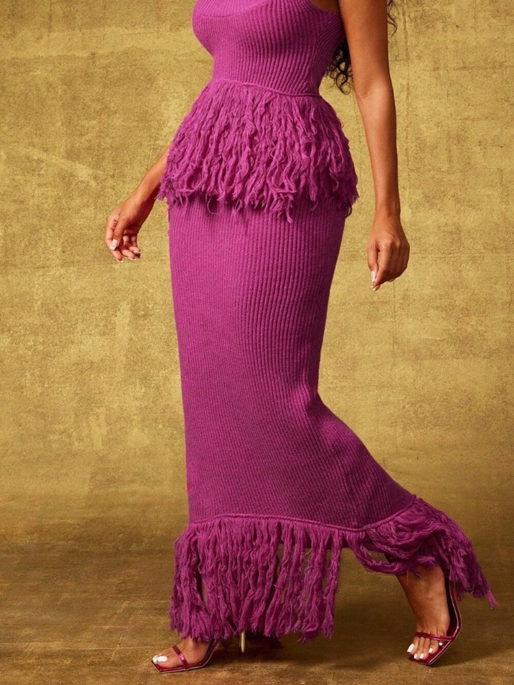 Hot Pink Elegant Women's Hem Rib Waistband Maxi Skirt